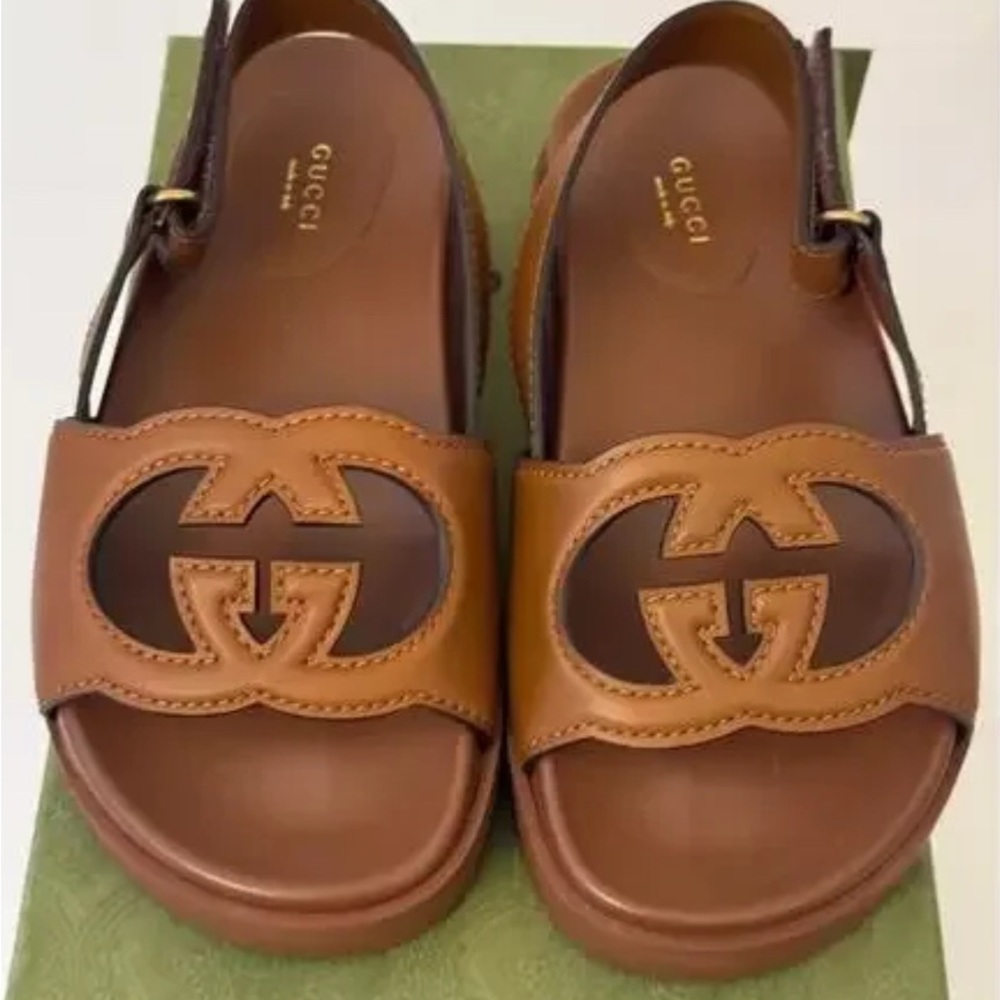 GUCCI SHOES INTERLOCKING G LOGO BROWN LEATHER SLINGBACK SANDALS sz 38.5 8.5